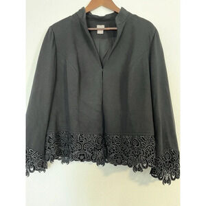 Chicos‎ Blazer 2 L 12 14 Black Velvet Crochet Hem Mandarin Collar